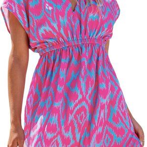 Women's Swimsuit Coverup Casual V Neck Beach Dress Short Sleeve Elastic Waist Sw